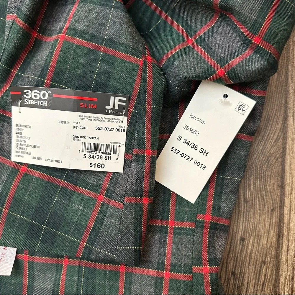 JF J Ferrar Sports Coat Slim Suit Jacket Mens S 34/36 Short Plaid Red Green